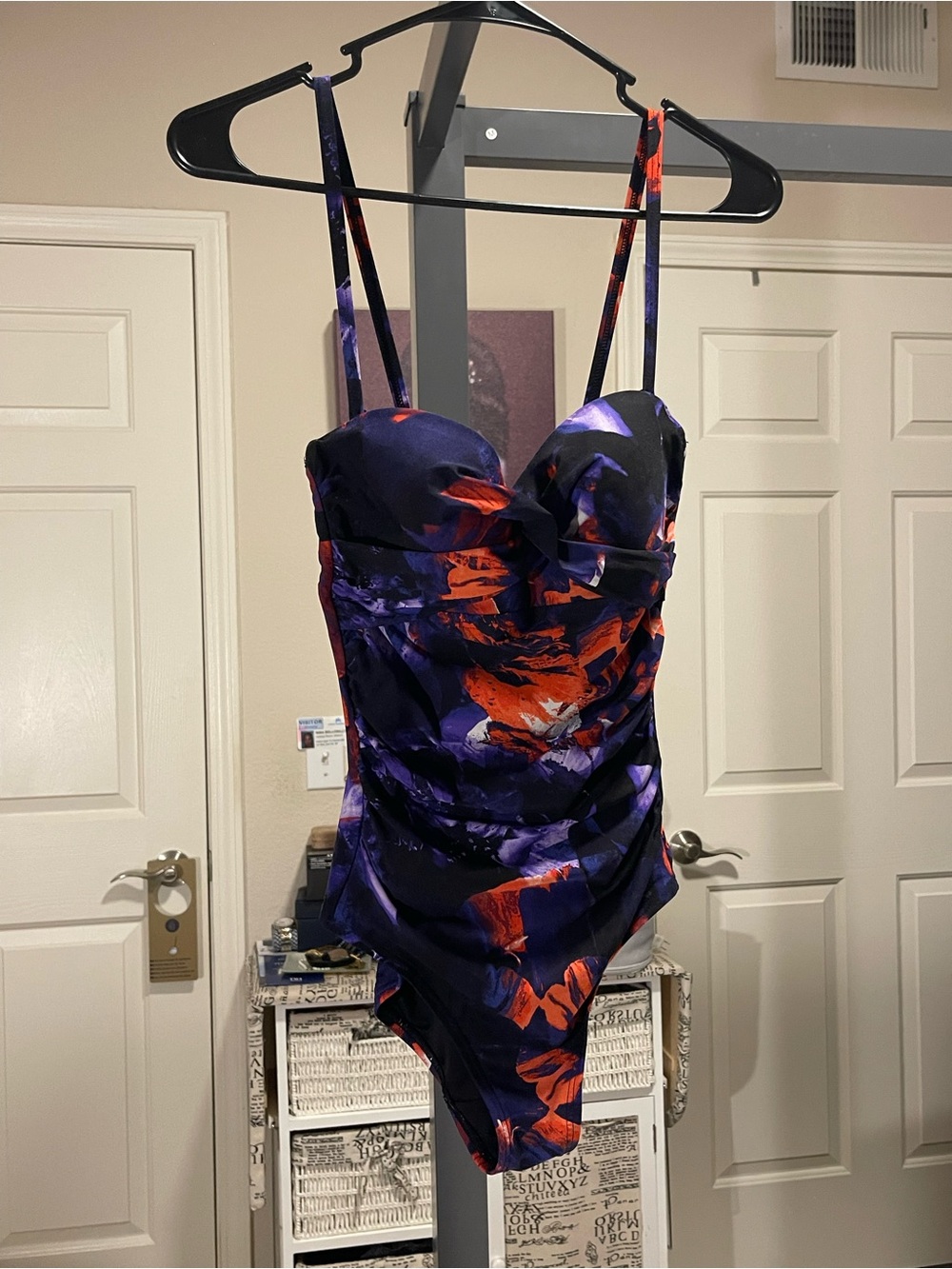 Calvin Klein Purple One-Piece Swimsuit with Orange Floral Accents